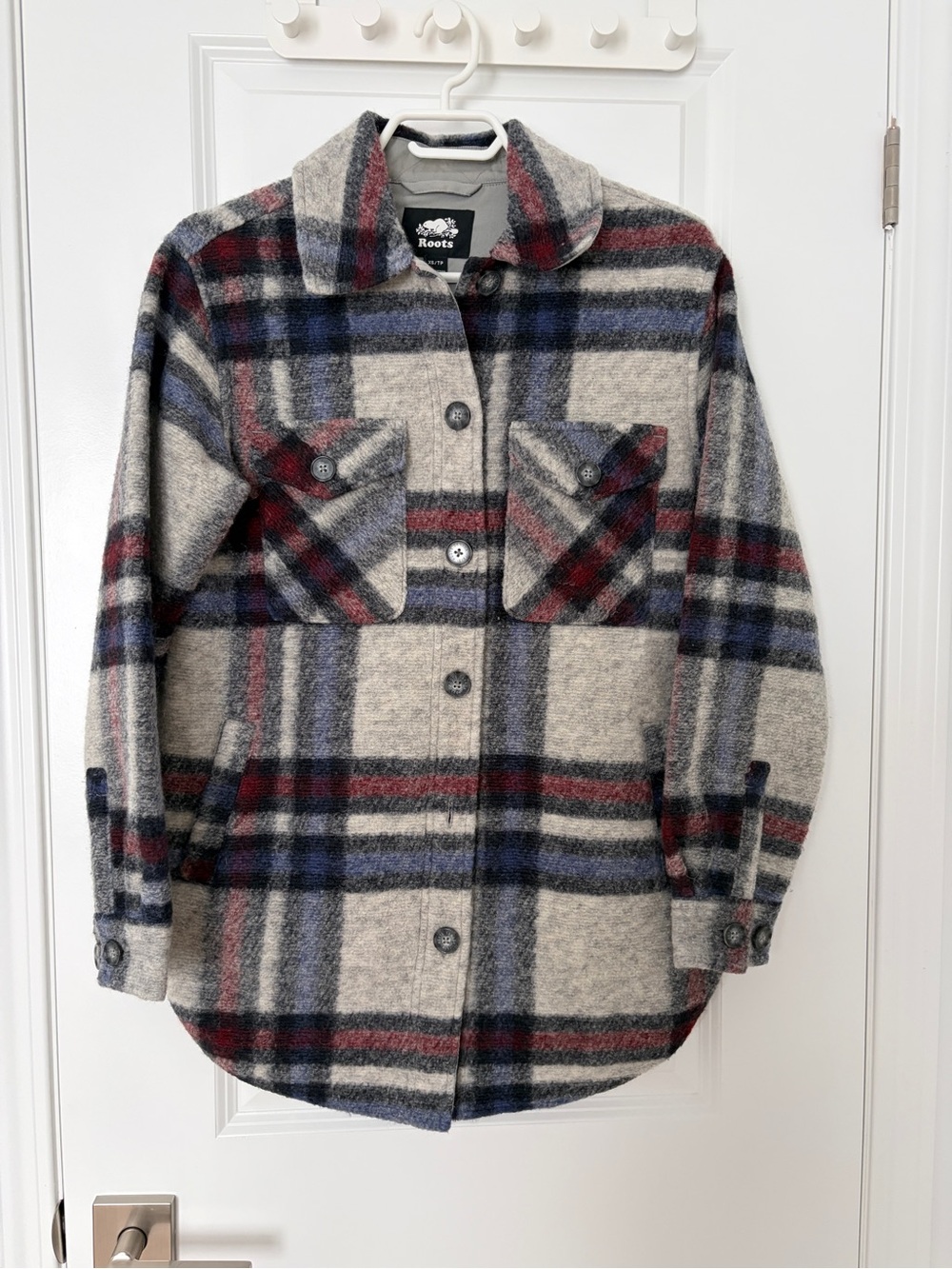 Roots Plaid Button-Up Shacket in Gray, Blue & Red